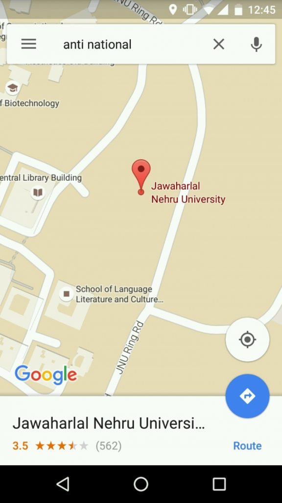 Google Map India shows JNU under the keyword 'anti-national'