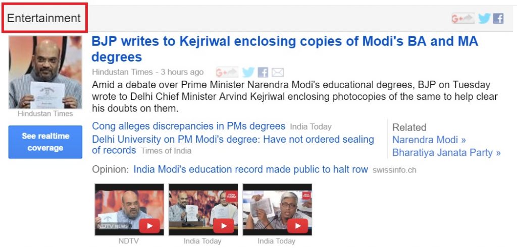 Google labels Kejriwal-BJP row over Modi’s degrees as ‘Entertainment’