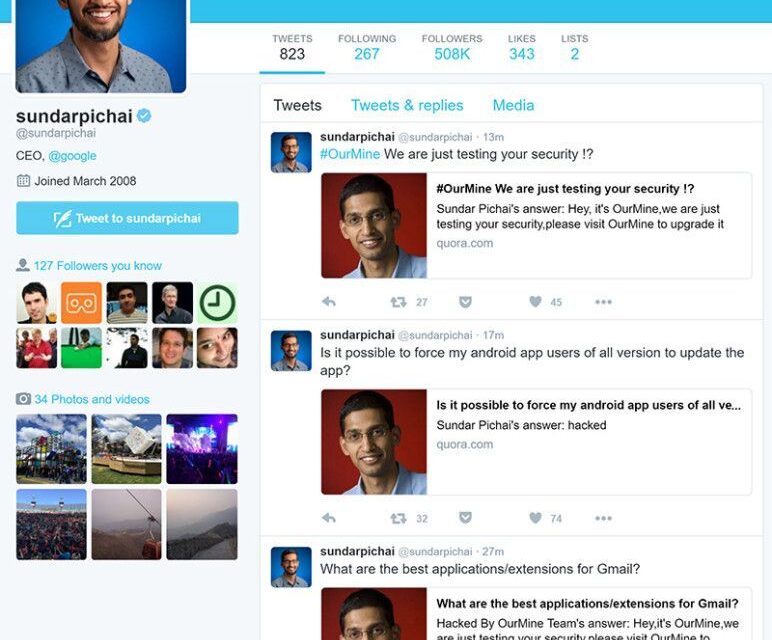 OurMine hacks into Google CEO Sundar Pichai’s Quora account, tweets about hack