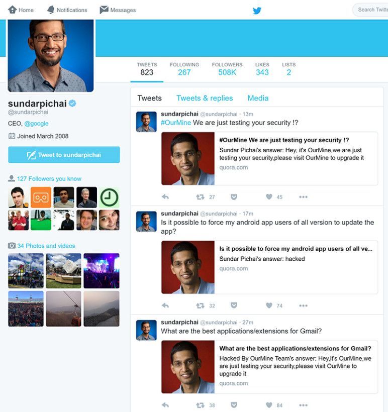 OurMine hacks into Sundar Pichai's Quora account, tweets about hack
