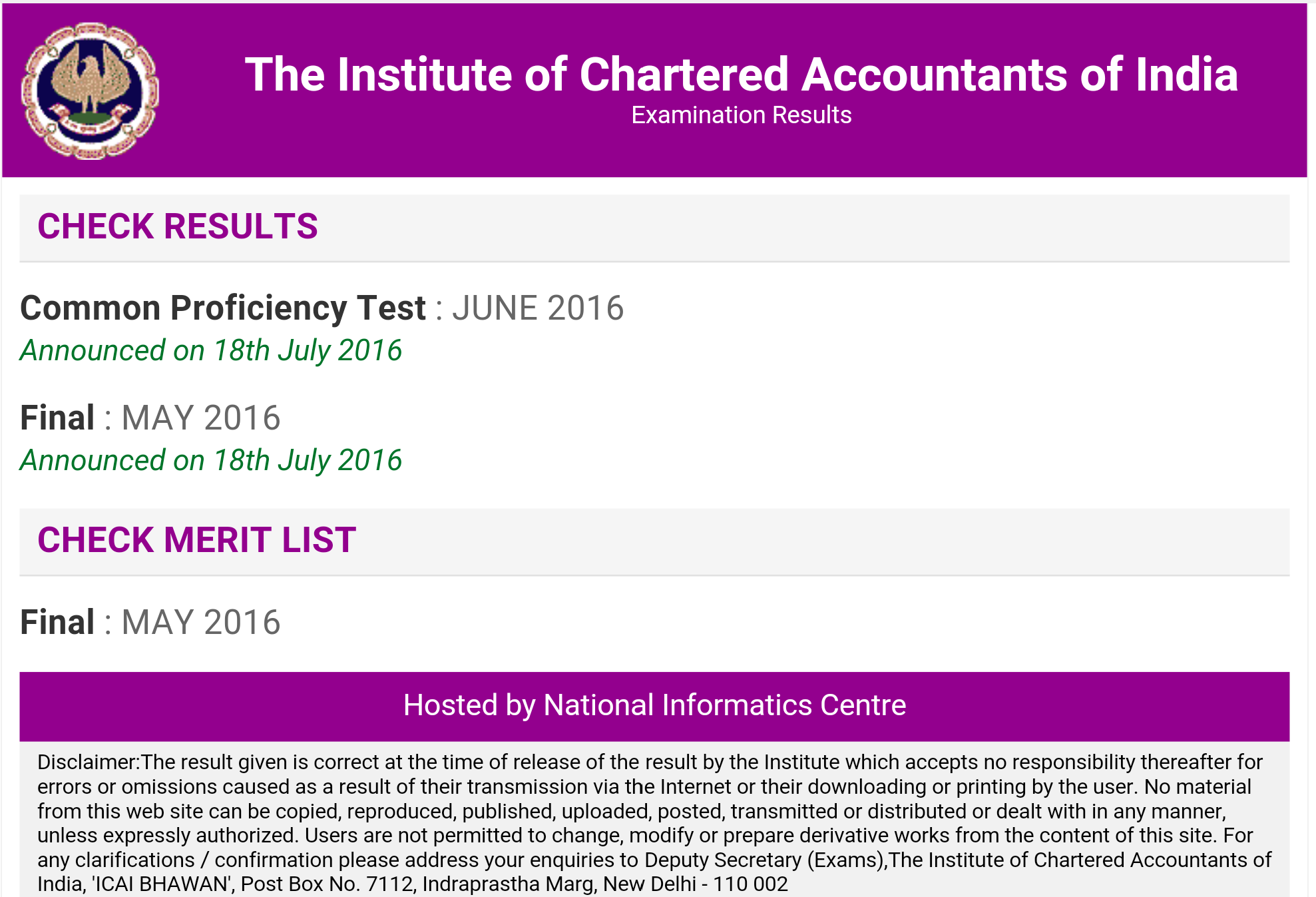 CA May 2016 final exam results announced