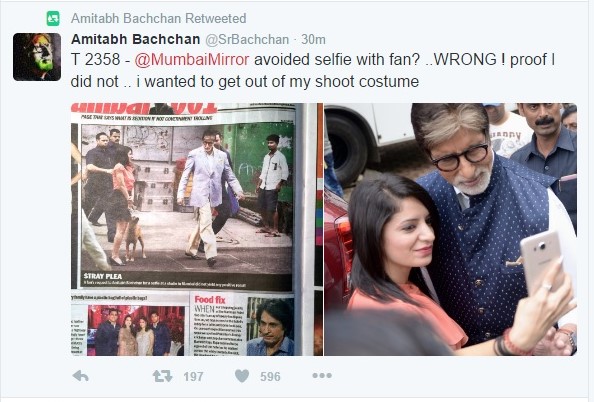 Amitabh pulls up Mumbai Mirror for their ‘not taking selfie with fan’ image