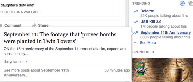 Facebook puts hoax story about 9/11 attacks on top of 'Trending Topics'