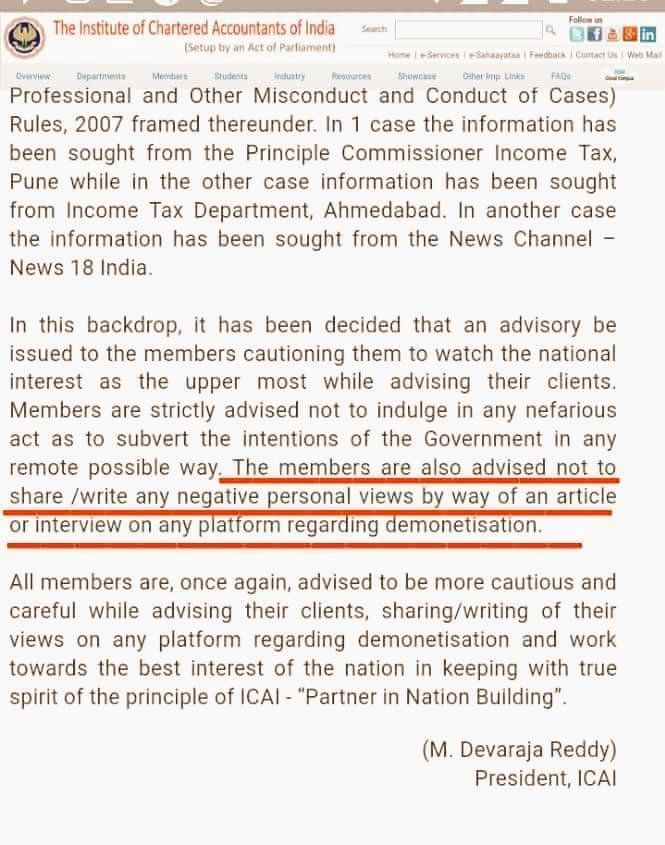 India's national accounting body ICAI asks CAs not to critisize demonetisation