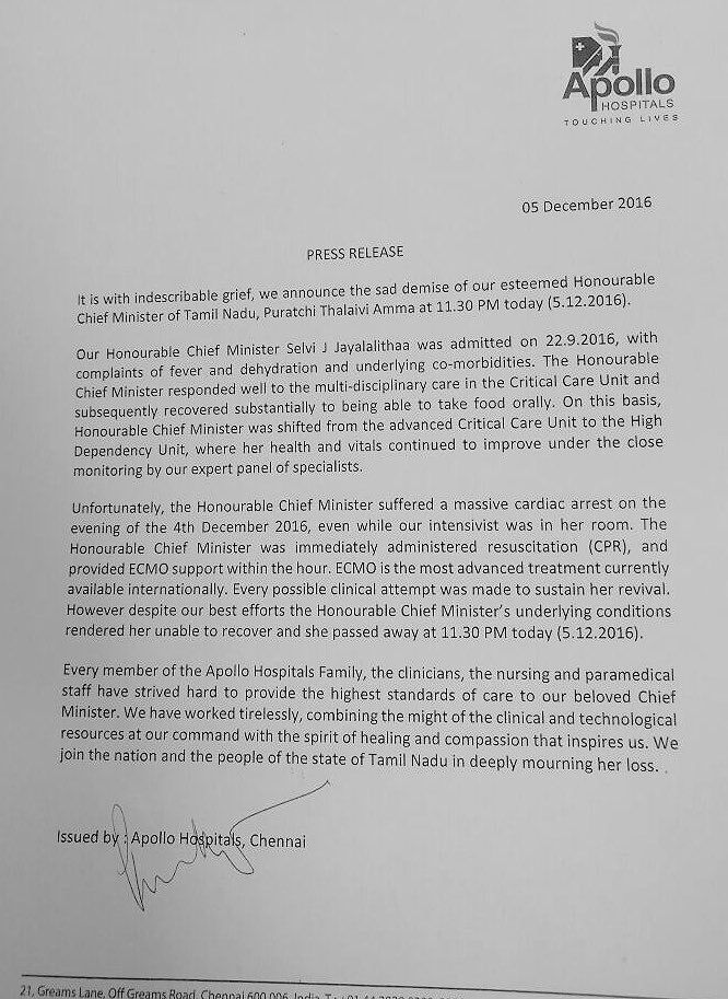 Tamil Nadu CM Jayalalithaa passes away, Apollo Hospital issues final statement 1