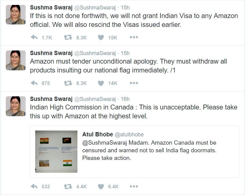 Amazon removes doormats with Indian flag after Sushma Swaraj threatens to stop granting visa to its employees 2
