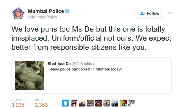 Mumbai police ‘owns’ Shobha De on Twitter after her ‘misplaced’ tweet