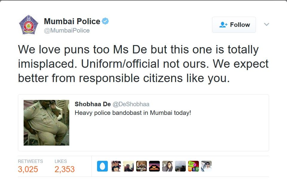 Mumbai police ‘owns’ Shobha De on Twitter after her ‘misplaced’ tweet