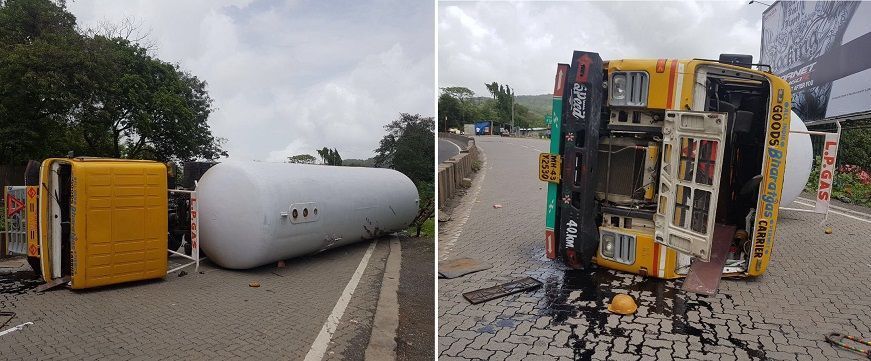 In Pics: Tanker overturns on Ghodbunder Road, vehicular movement halted due to gas leak 2