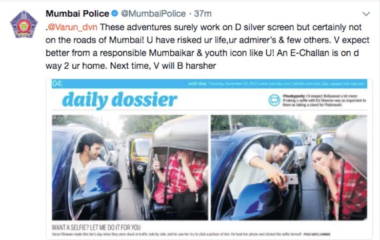 Mumbai Police to issue e-challan to Varun Dhawan for taking selfie with fan on road