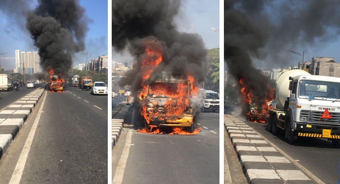 Video: School van catches fire at Jogeshwari flyover on Western Express Highway