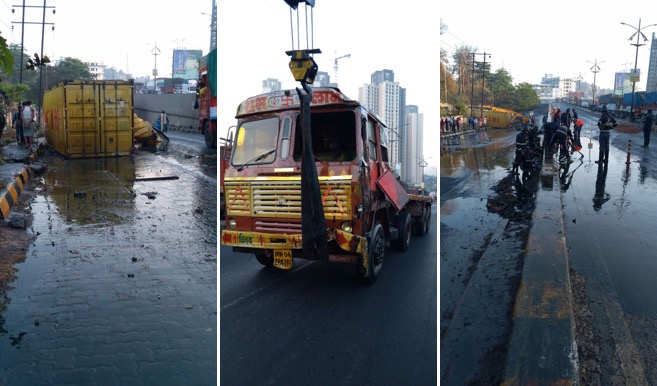 Oil spill, traffic at Ghodbunder road after container overturns near Patlipada bridge