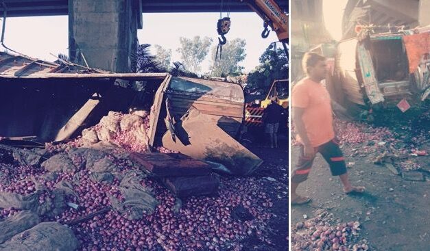 Locals loot onions after truck accident on expressway near Lonavala