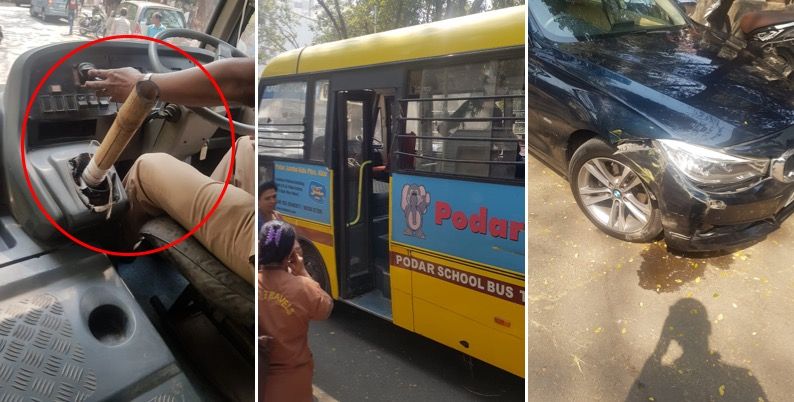 School bus driver, who was using bamboo as gear stick, rams into BMW at Khar; arrested