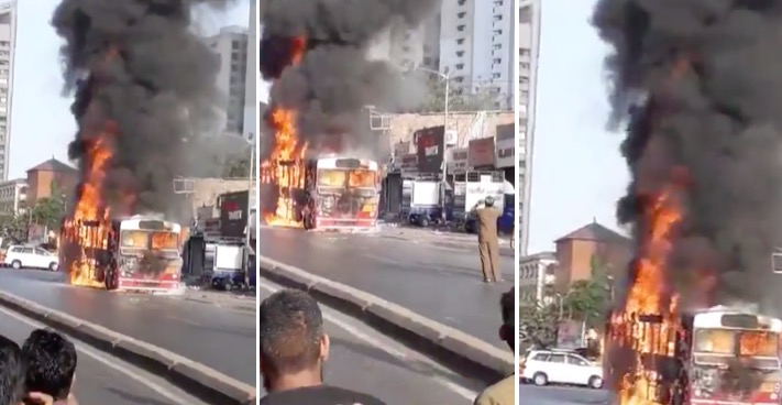 Video: BEST bus catches fire on Film City Road in Goregaon