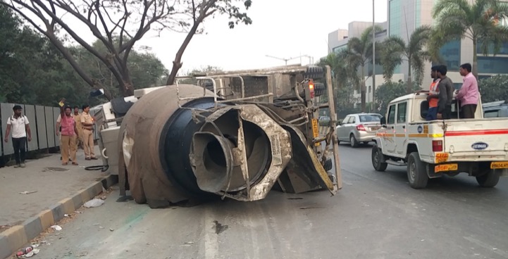 Speeding cement truck overturns in BKC, 3 injured